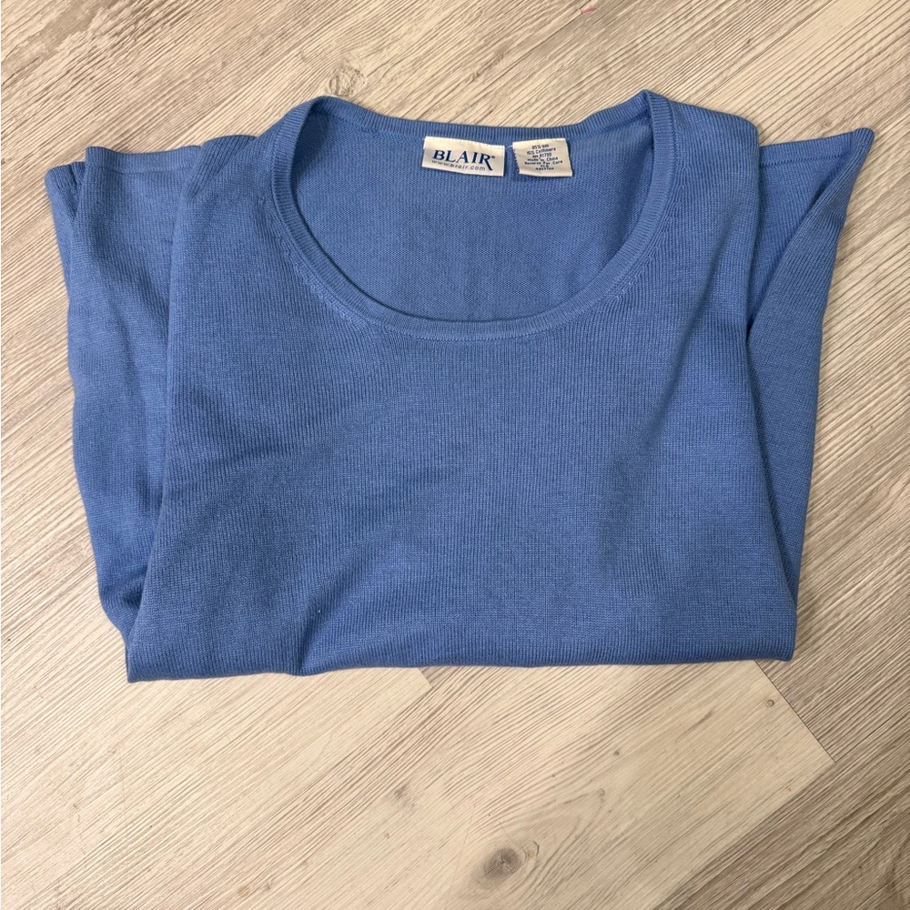 Silk Cashmere Blend Blue Crewneck Sweater XL Lightweight knit luxury basics - Picture 2 of 5